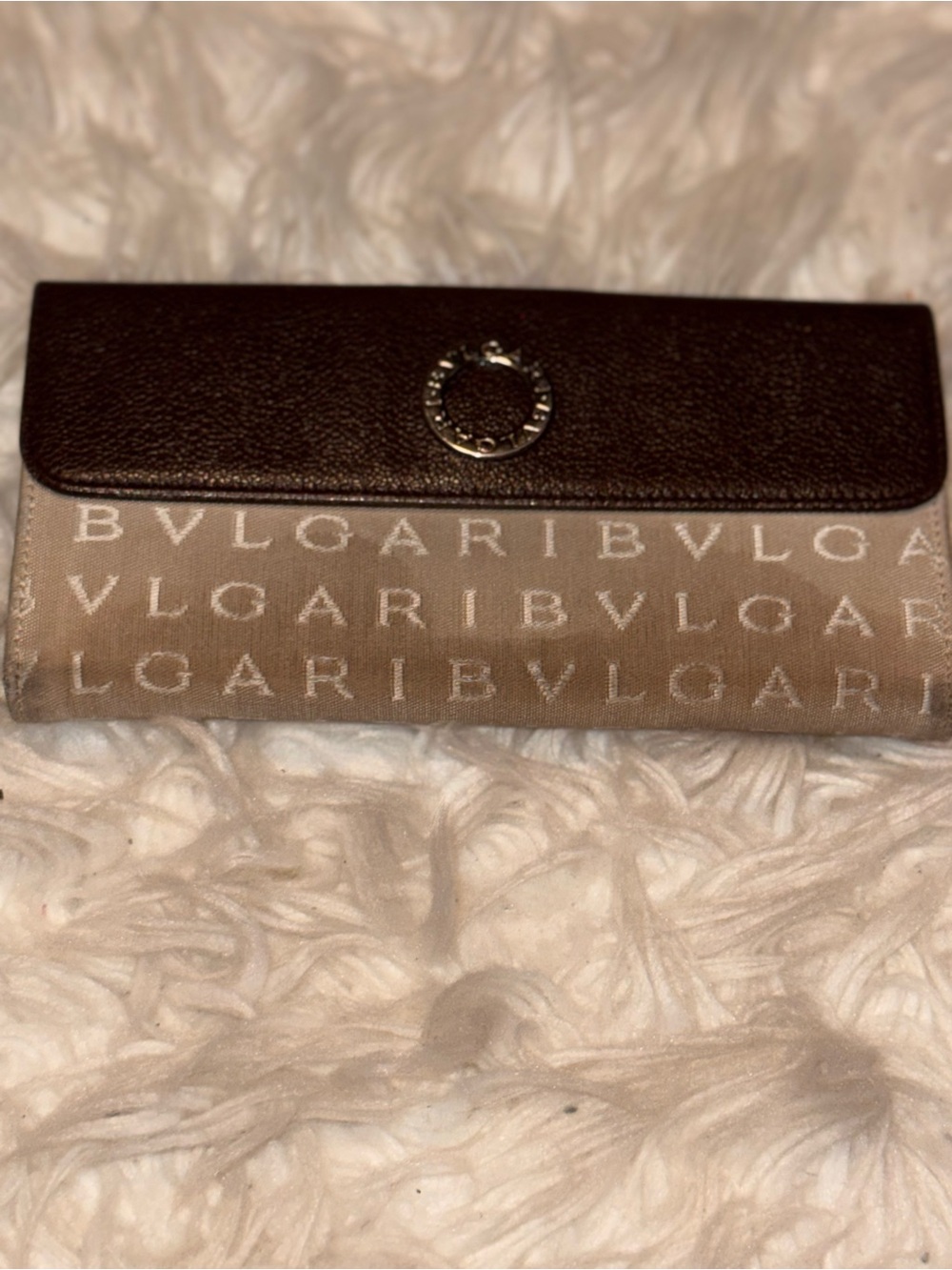 Bvlgari Logomania Double Flap Continental Wallet Beige Brown Canvas